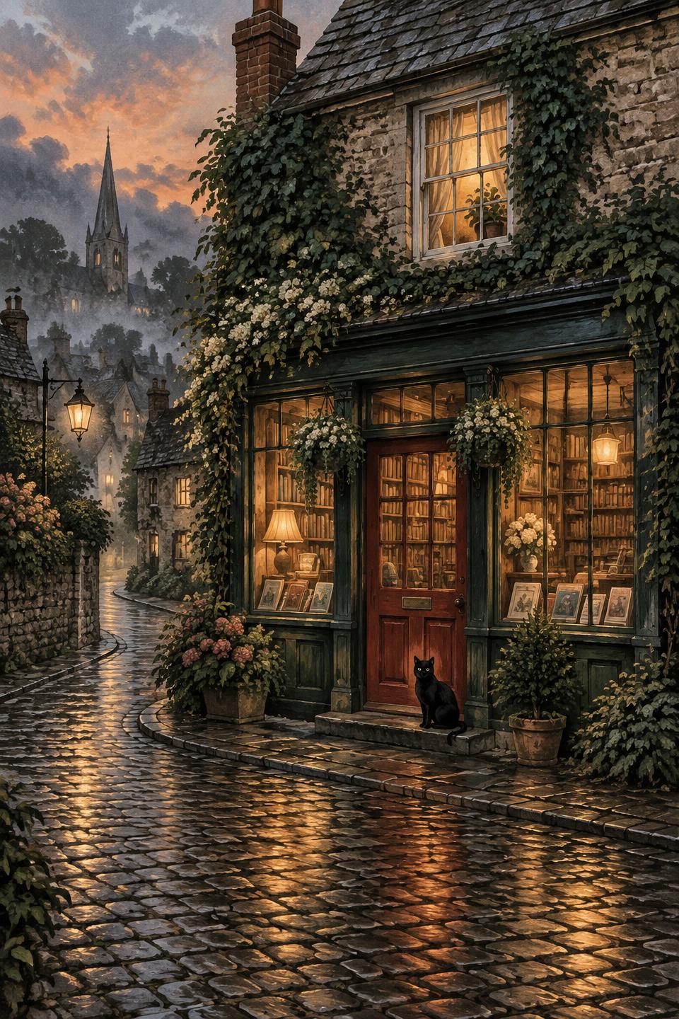 A warmly lit village bookshop on a rainy evening